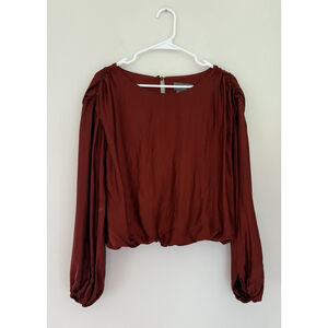 Anthropologie Ruched Peasant Blouse Red S Silky Office Professional Workwear